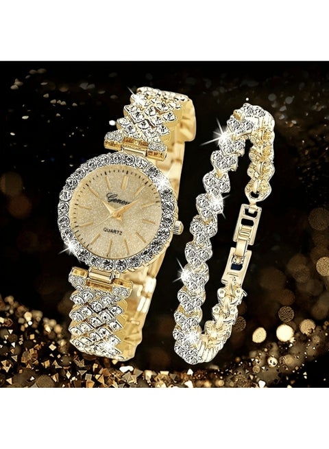 Luxury Women’s Set Featuring A Roman-Style Quartz Watch And Diamond-Inspired Rhinestone Bracelets