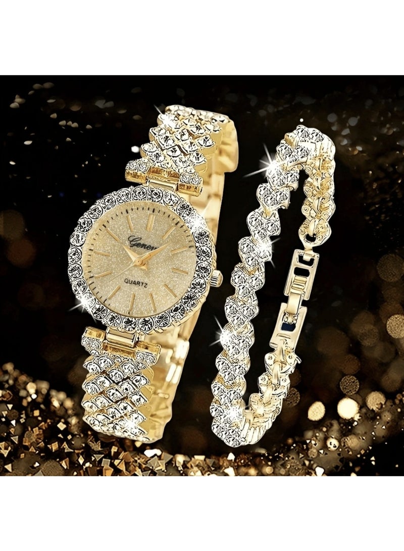 مجموعة نسائية فاخرة مكونة من ساعة وأساور مرصعة بالألماس الصناعي بطراز روماني كلاسيكي - Image 4