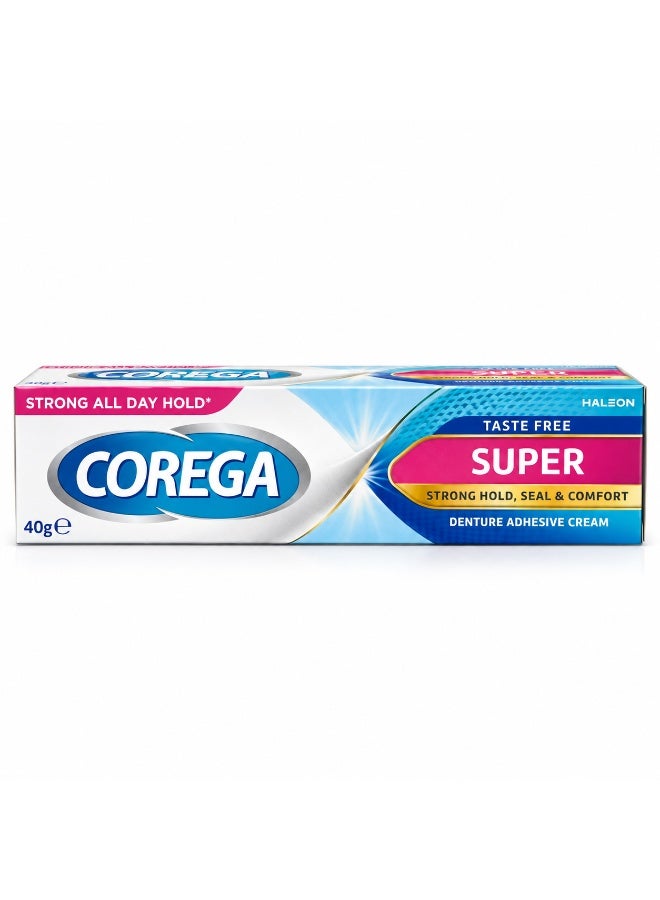 كوريغا كريم كوريغا سوبر (Corega Super) لتثبيت أطقم الأسنان - خالي من النكهة، 40 جم | تثبيت قوي طوال اليوم | ثبات قوي، وعزل محكم، وراحة لأطقم الأسنان الكاملة والجزئية - Image 1