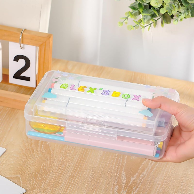 Fainne Double Layer Pencil Box with 3 Stickers Large Capacity Plastic Pencil Case Clear Crayon Box Organizer with Letter Star Cloud Stickers for School Gel Pens Erasers Art Craft Supplies (Clear) - Image 5