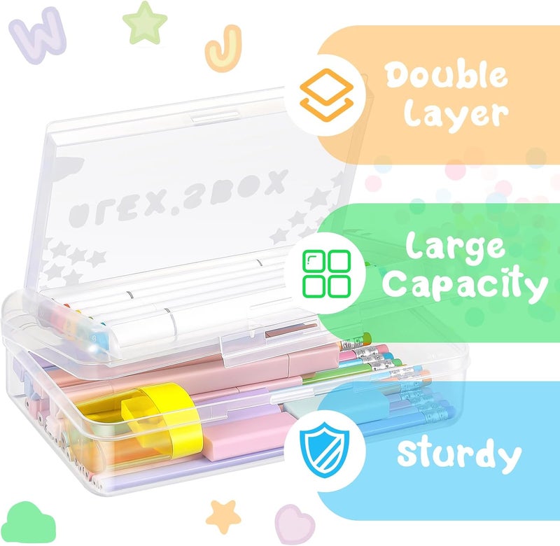Fainne Double Layer Pencil Box with 3 Stickers Large Capacity Plastic Pencil Case Clear Crayon Box Organizer with Letter Star Cloud Stickers for School Gel Pens Erasers Art Craft Supplies (Clear) - Image 4