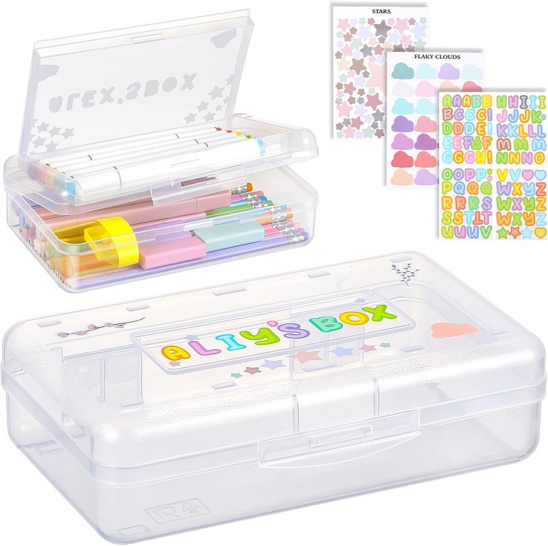 Fainne Double Layer Pencil Box with 3 Stickers Large Capacity Plastic Pencil Case Clear Crayon Box Organizer with Letter Star Cloud Stickers for School Gel Pens Erasers Art Craft Supplies (Clear) - Image 1