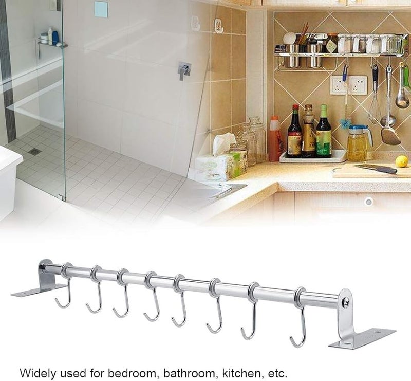 رف تخزين مثبت على الحائط من الفولاذ المقاوم للصدأ مع 8 خطاطيف لتنظيم الحمام والمطبخ 50 سم - Image 3