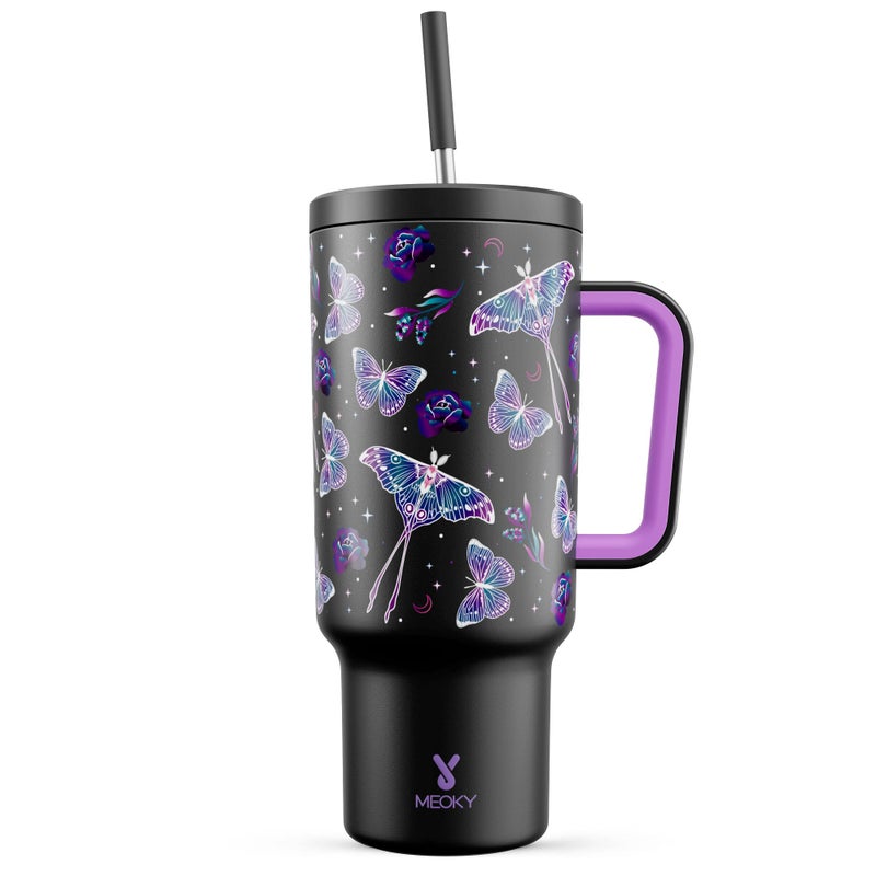 Meoky 40 oz Glow in the Dark Tumbler with Handle and Straw Tumbler with Lid and Straw Insulated Stainless Steel Travel Mug 100 Leakproof Keeps Cold for 34 Hours Butterfly
