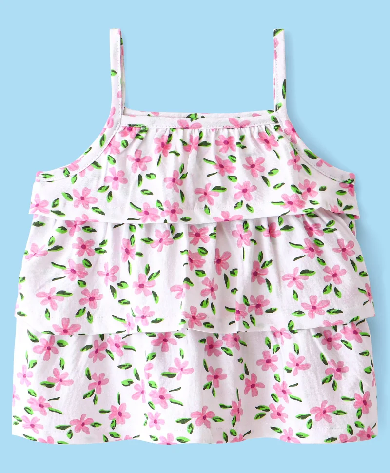 babyhug Babyhug Cotton Knit Sleeveless Floral Printed Layered Top - White