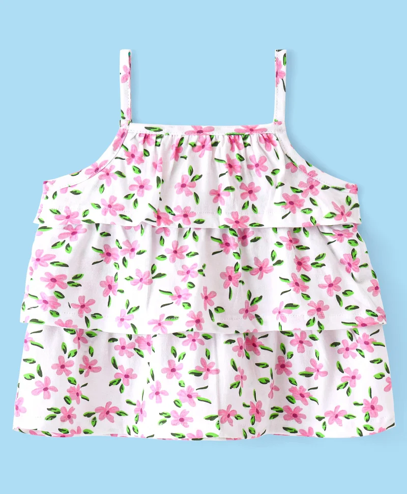 babyhug Babyhug Cotton Knit Sleeveless Floral Printed Layered Top - White