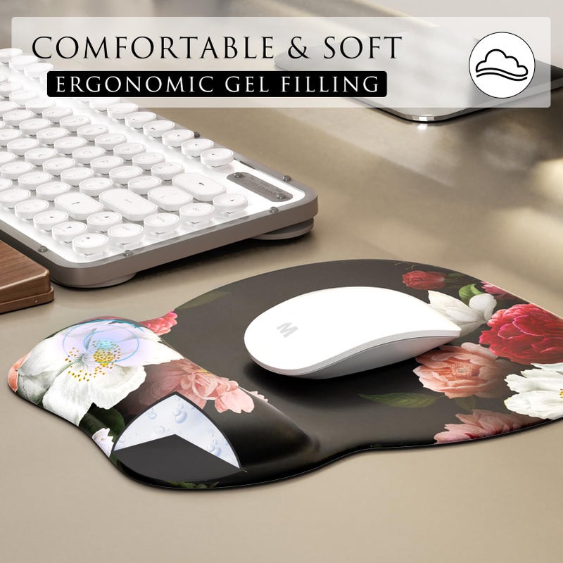 MROCO Ergonomic Mouse Pad with Gel Wrist Rest, Smooth Wrist Support Surface, Non-Slip PU Base for Pain Relief, Comfortable Mousepad for Computer, Laptop, Office & Home, 9.4 x 8.1 in, Black Flower - Image 4