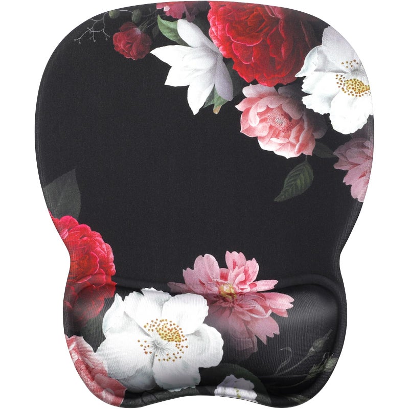 MROCO Ergonomic Mouse Pad with Gel Wrist Rest, Smooth Wrist Support Surface, Non-Slip PU Base for Pain Relief, Comfortable Mousepad for Computer, Laptop, Office & Home, 9.4 x 8.1 in, Black Flower - Image 1