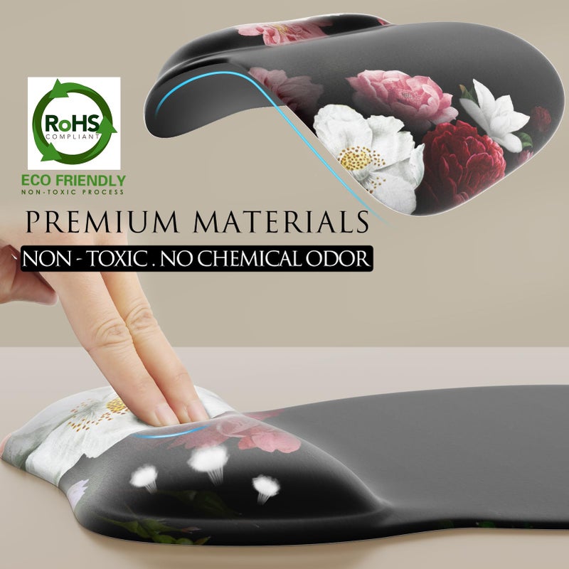 MROCO Ergonomic Mouse Pad with Gel Wrist Rest, Smooth Wrist Support Surface, Non-Slip PU Base for Pain Relief, Comfortable Mousepad for Computer, Laptop, Office & Home, 9.4 x 8.1 in, Black Flower - Image 3