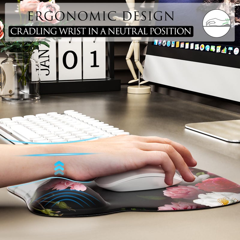 MROCO Ergonomic Mouse Pad with Gel Wrist Rest, Smooth Wrist Support Surface, Non-Slip PU Base for Pain Relief, Comfortable Mousepad for Computer, Laptop, Office & Home, 9.4 x 8.1 in, Black Flower - Image 5