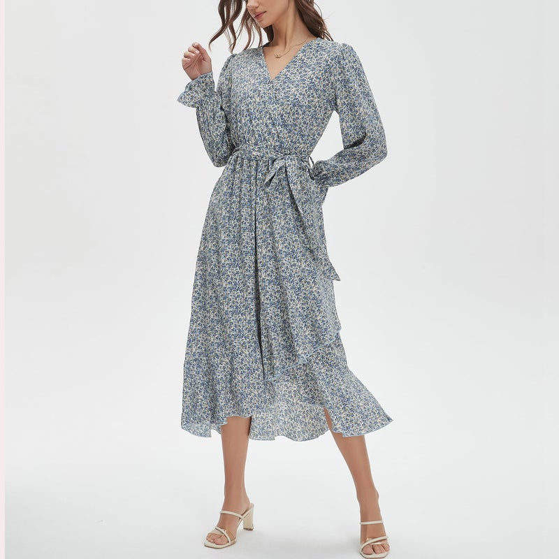Max Hsuan Women's Floral Bohemian Dress Long Sleeve Wrap V Neck Ruffle Flowy Maxi Casual Tie Waist Boho Asymmetrical Vacation Dresses - Image 2
