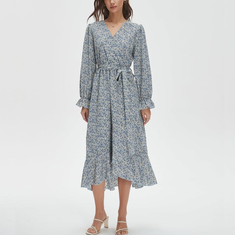 Max Hsuan Women's Floral Bohemian Dress Long Sleeve Wrap V Neck Ruffle Flowy Maxi Casual Tie Waist Boho Asymmetrical Vacation Dresses - Image 3