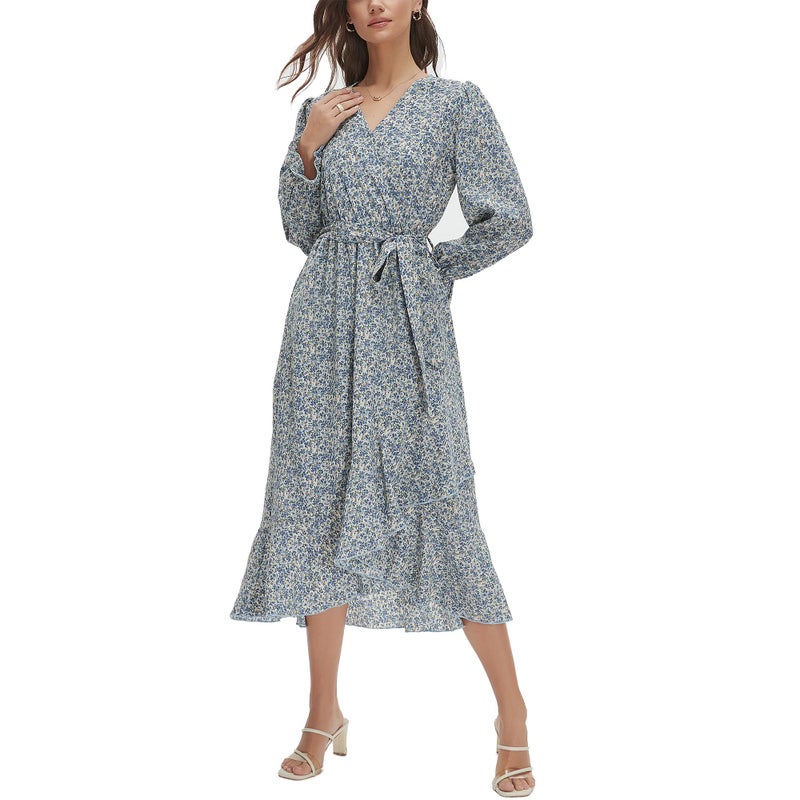 Max Hsuan Women's Floral Bohemian Dress Long Sleeve Wrap V Neck Ruffle Flowy Maxi Casual Tie Waist Boho Asymmetrical Vacation Dresses - Image 1