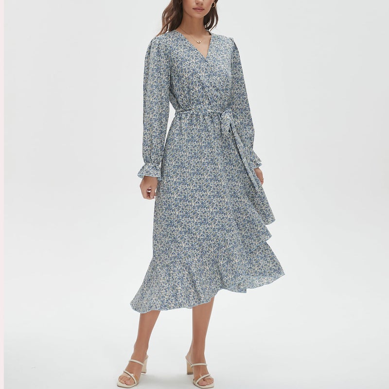 Max Hsuan Women's Floral Bohemian Dress Long Sleeve Wrap V Neck Ruffle Flowy Maxi Casual Tie Waist Boho Asymmetrical Vacation Dresses - Image 4