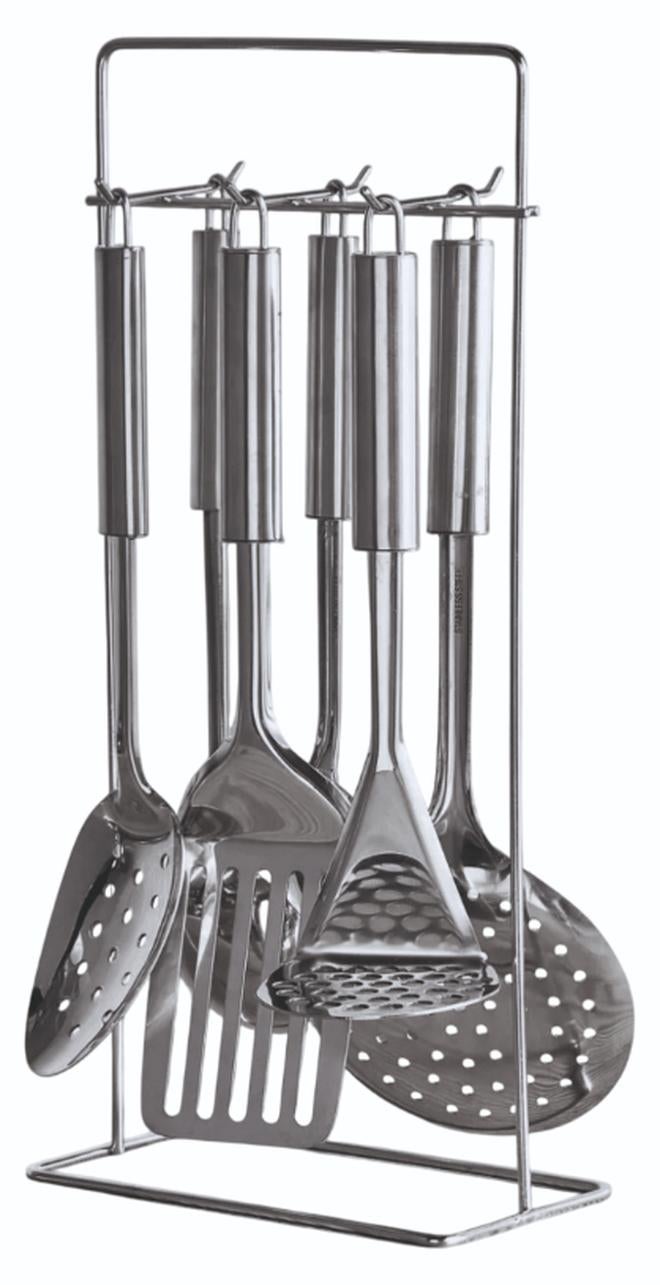 Noon East Stainless Cooking Utensils Set with Stand,7 Piece Kitchen Set Utensils Set with Masher, Spaghetti Spoon, Ladle, Serving Spoon, Spatula, Slotted Spoon, Skimmer, Stand - Image 1