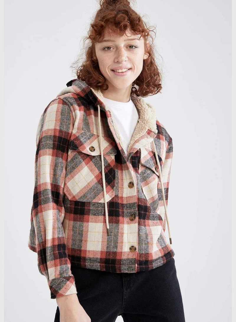 DeFacto Long Sleeve Square Print Hooded Flannel Shirt