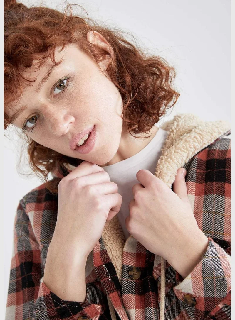 DeFacto Long Sleeve Square Print Hooded Flannel Shirt