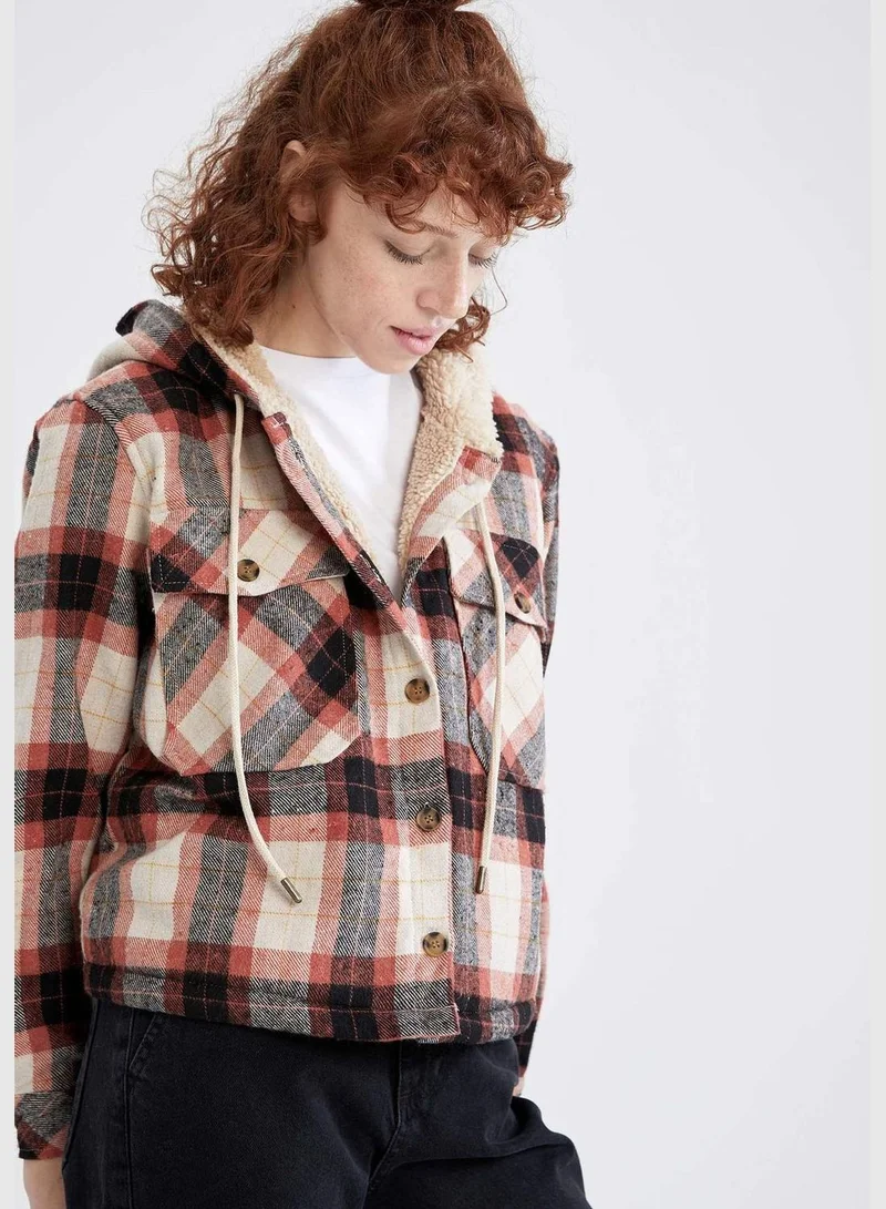 DeFacto Long Sleeve Square Print Hooded Flannel Shirt