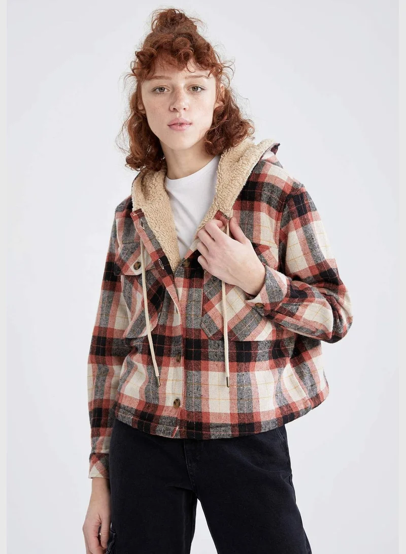 DeFacto Long Sleeve Square Print Hooded Flannel Shirt