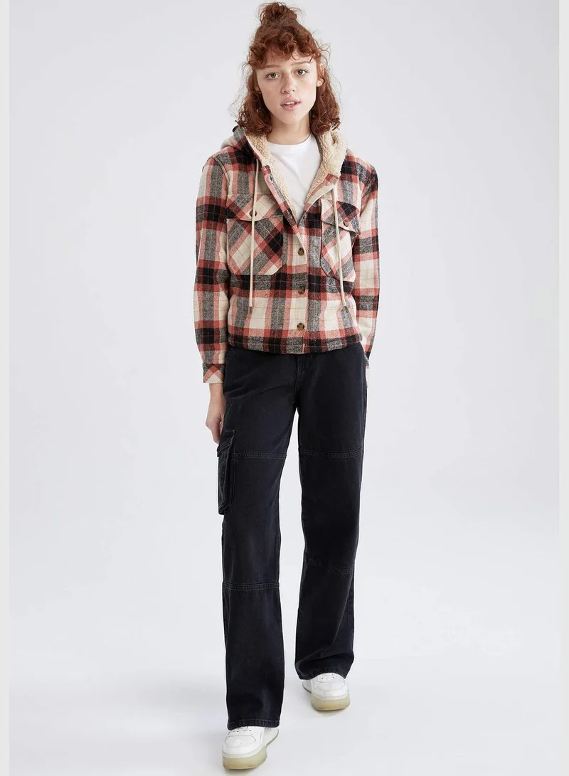 DeFacto Long Sleeve Square Print Hooded Flannel Shirt