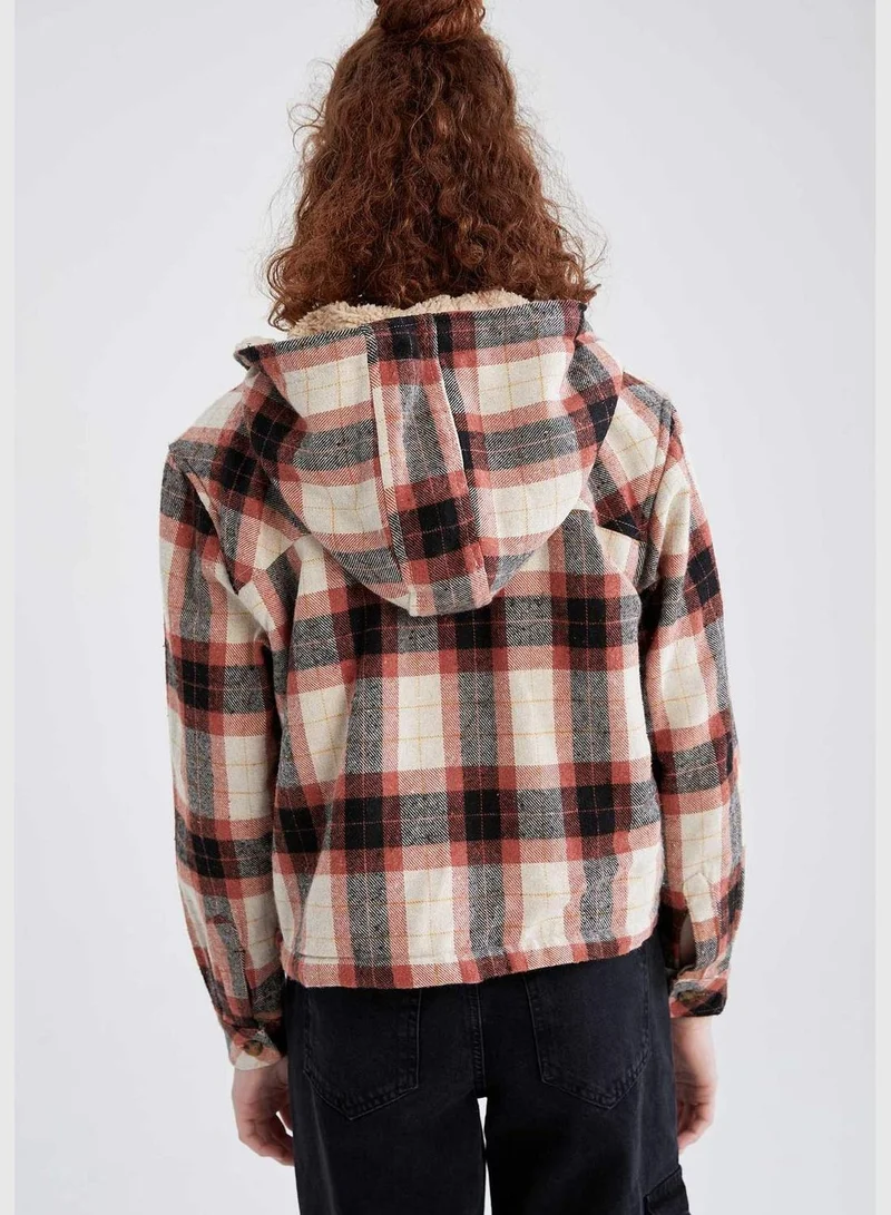 DeFacto Long Sleeve Square Print Hooded Flannel Shirt