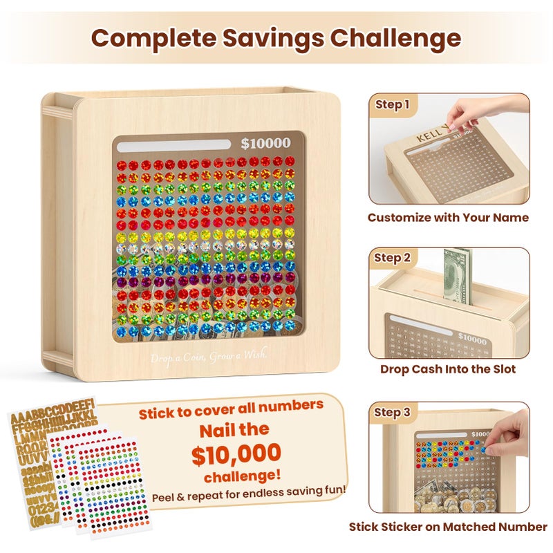 Summidate Wooden Money Saving Box, Clear Window Cash Vault Savings Box -10000 Challenge with Tracker Stickers, Reusable Piggy Bank for Adults & Kids, Birthday/Baby Shower/Wedding Gift - Image 2