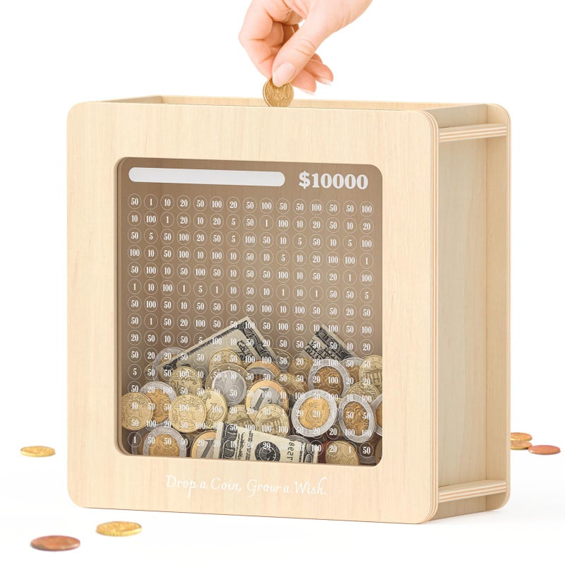 Summidate Wooden Money Saving Box, Clear Window Cash Vault Savings Box -10000 Challenge with Tracker Stickers, Reusable Piggy Bank for Adults & Kids, Birthday/Baby Shower/Wedding Gift - Image 1
