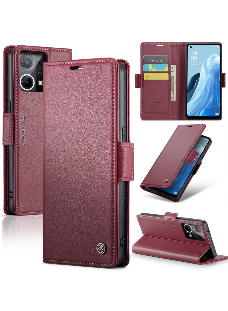 CaseMe Phone Case Luxury PU Leather Design Anti Fingerprint 023 Flip Cover Card Slot Holder Cover For Oppo Reno 7 4G / Reno 8 4G  (Red) - Image 1
