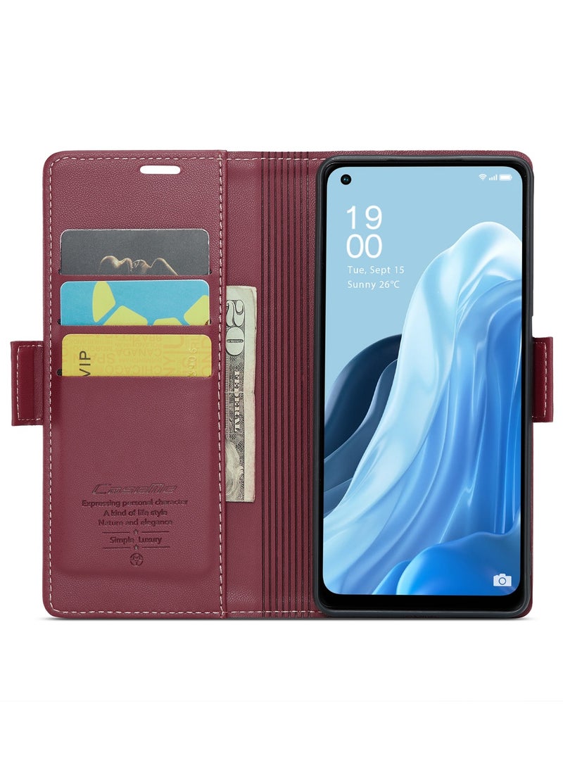 CaseMe Phone Case Luxury PU Leather Design Anti Fingerprint 023 Flip Cover Card Slot Holder Cover For Oppo Reno 7 4G / Reno 8 4G  (Red) - Image 3
