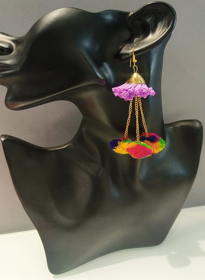 La Belleza Pom Pom Earrings for Girls and Women Fashion Hook Dangle Tassel Long Funky Earrings with Pompoms for Girls - Image 2