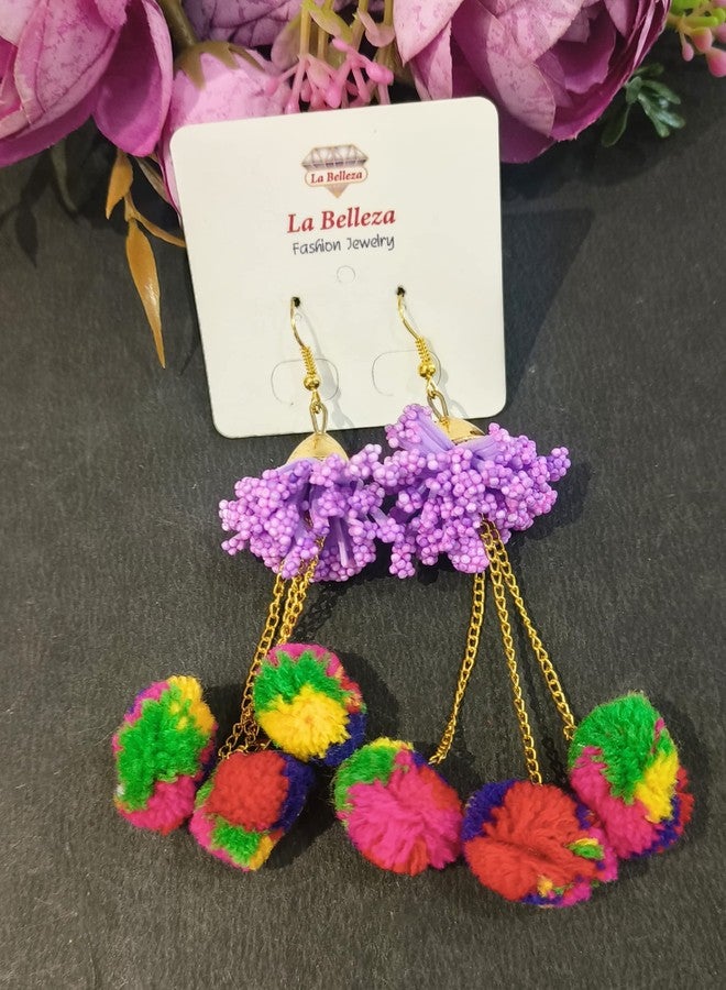 La Belleza Pom Pom Earrings for Girls and Women Fashion Hook Dangle Tassel Long Funky Earrings with Pompoms for Girls - Image 3