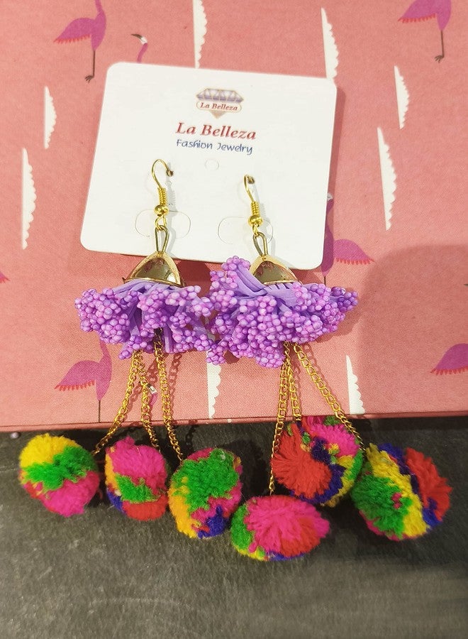 La Belleza Pom Pom Earrings for Girls and Women Fashion Hook Dangle Tassel Long Funky Earrings with Pompoms for Girls - Image 4