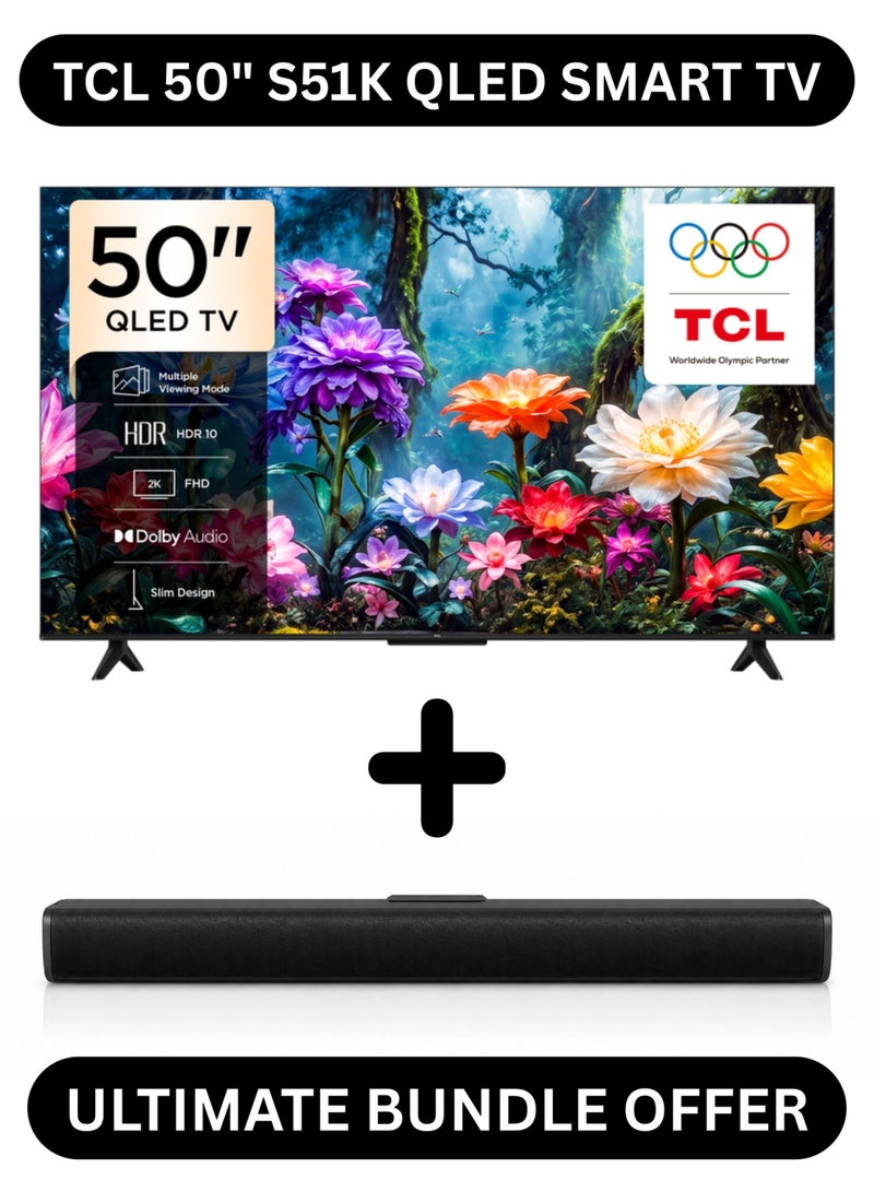 TCL 50 Inch S51K Full HD QLED Google TV Bundle with 2.0 Ch. Soundbar (USB, HDMI ARC, BT) - HDR10, Dolby Audio, Game Mode - 50" 2026 Model Smart TV 50S51K+SOUNDBAR Black - Image 1