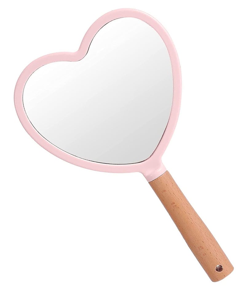 RoarCraft Hand Held Mirror for Makeup Small Wood Hand Mirror Portable Travel Vanity Mirror for MenWomen 55W x 92L inch Pink Heart - Image 1