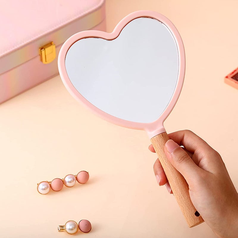 RoarCraft Hand Held Mirror for Makeup Small Wood Hand Mirror Portable Travel Vanity Mirror for MenWomen 55W x 92L inch Pink Heart - Image 2