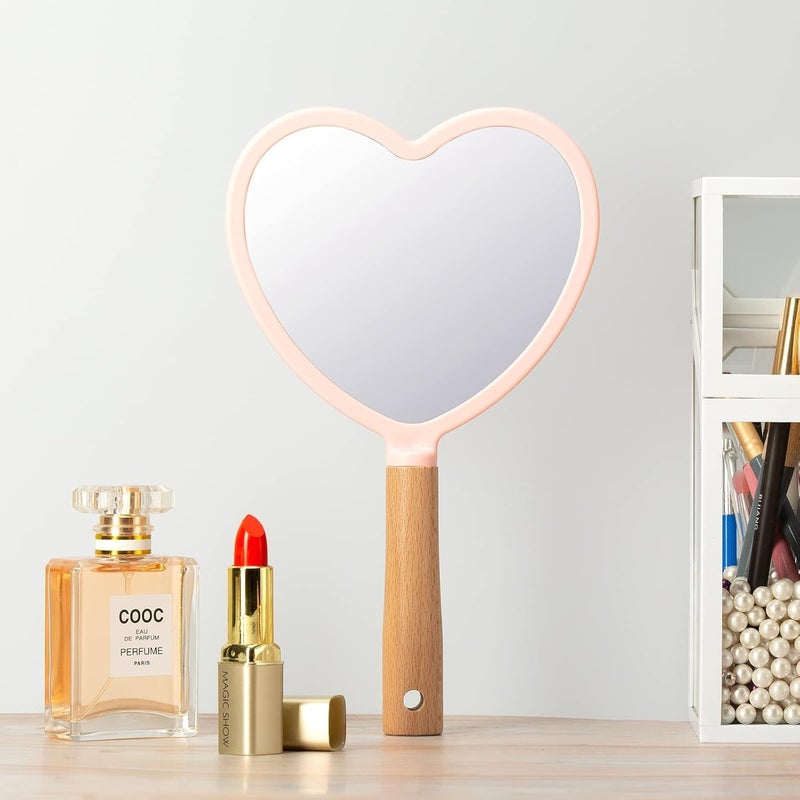 RoarCraft Hand Held Mirror for Makeup Small Wood Hand Mirror Portable Travel Vanity Mirror for MenWomen 55W x 92L inch Pink Heart - Image 5