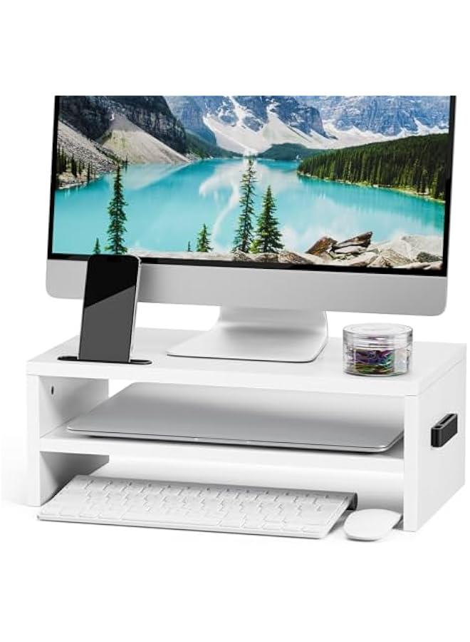 Arabest Monitor Stand Riser, 16.5 Inch 2 Tier Computer Printer Shelf Stand for Laptop Computer Screen Storage, Desktop Stand with Phone Holder and Cable Management (White) - Image 1