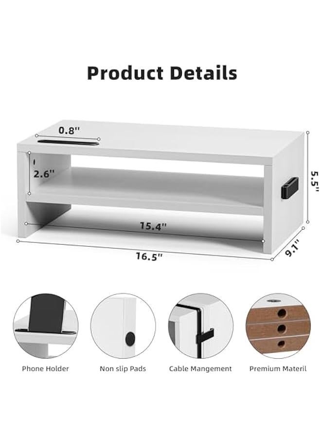Arabest Monitor Stand Riser, 16.5 Inch 2 Tier Computer Printer Shelf Stand for Laptop Computer Screen Storage, Desktop Stand with Phone Holder and Cable Management (White) - Image 3