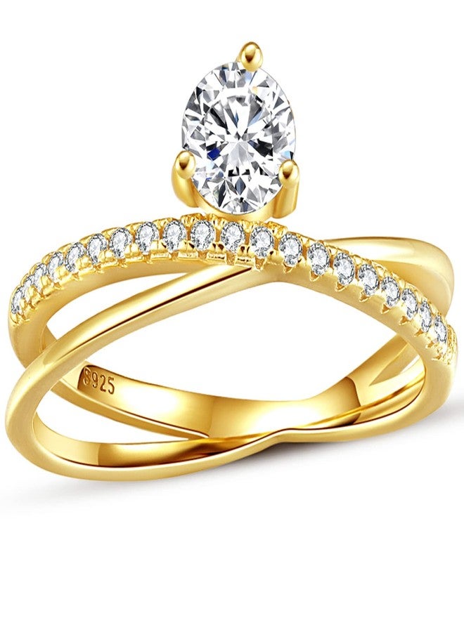 espere 18K Gold Vermeil Criss Cross Engagement Ring | Pave X Ring Contemporary Criss-Cross Band | Double Band Solitaire Ring Promise Ring (Size 7) - Image 1