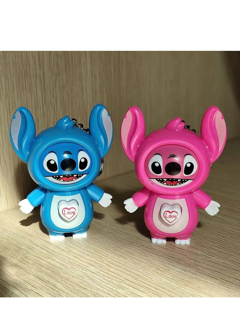 لعبة الضغط على شكل وجه ستيتش المتغير، دمى زرقاء ووردية بسلسلة مفاتيح بتصميم قلب حب، مجموعة من قطعتين - Image 1