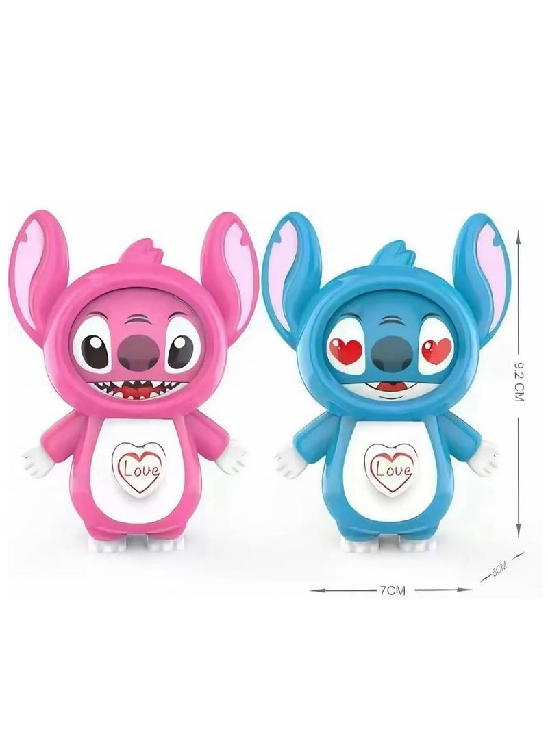 لعبة الضغط على شكل وجه ستيتش المتغير، دمى زرقاء ووردية بسلسلة مفاتيح بتصميم قلب حب، مجموعة من قطعتين - Image 2