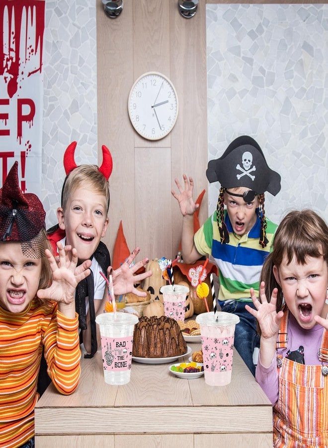 JarThenaAMCS 50Pcs Halloween Plastic Cups with Lids Straws Drinking Cup 12oz Pink Black Skull Bad Two The Bone Disposable Cups for Halloween Party Favors - Image 4