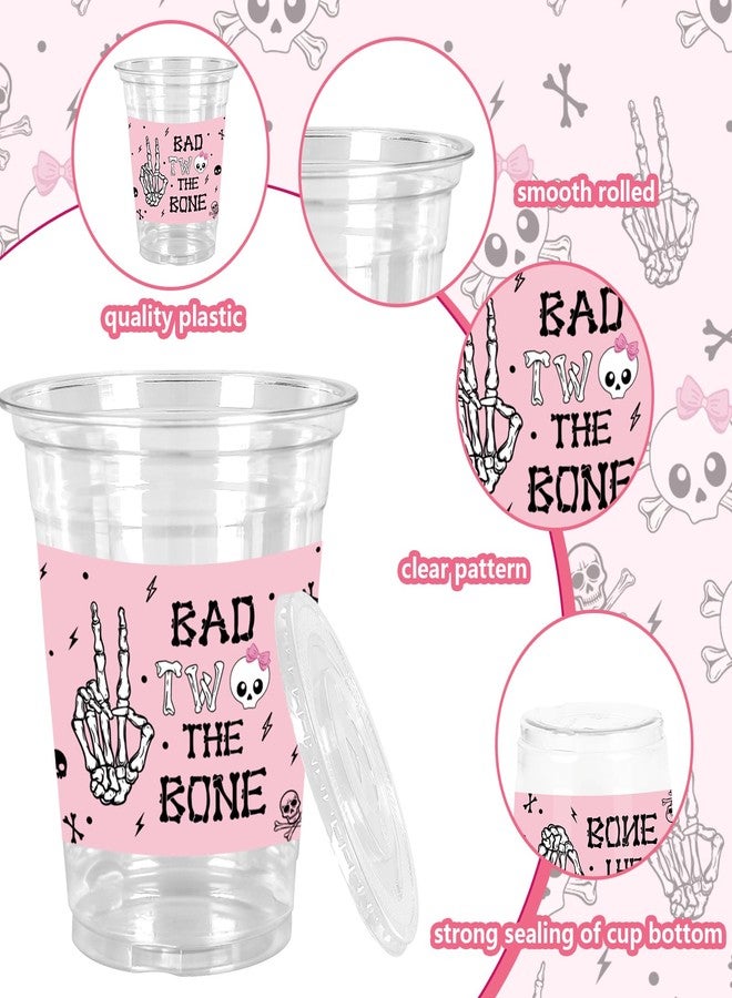 JarThenaAMCS 50Pcs Halloween Plastic Cups with Lids Straws Drinking Cup 12oz Pink Black Skull Bad Two The Bone Disposable Cups for Halloween Party Favors - Image 3