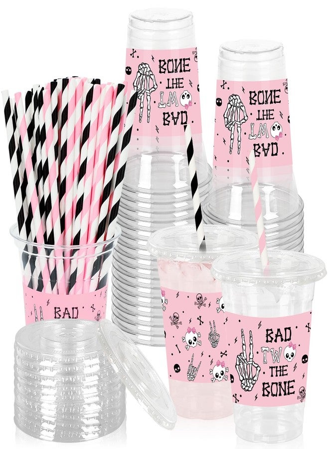 JarThenaAMCS 50Pcs Halloween Plastic Cups with Lids Straws Drinking Cup 12oz Pink Black Skull Bad Two The Bone Disposable Cups for Halloween Party Favors - Image 1