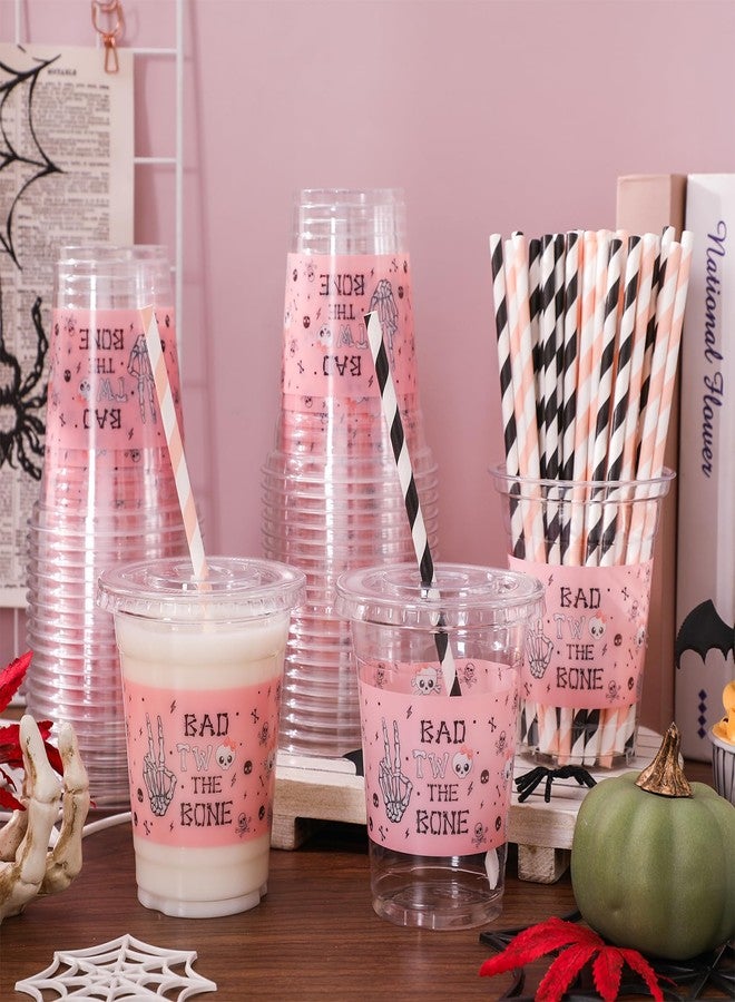 JarThenaAMCS 50Pcs Halloween Plastic Cups with Lids Straws Drinking Cup 12oz Pink Black Skull Bad Two The Bone Disposable Cups for Halloween Party Favors - Image 5