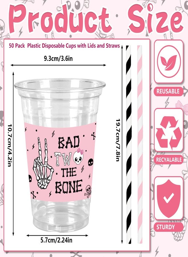 JarThenaAMCS 50Pcs Halloween Plastic Cups with Lids Straws Drinking Cup 12oz Pink Black Skull Bad Two The Bone Disposable Cups for Halloween Party Favors - Image 2