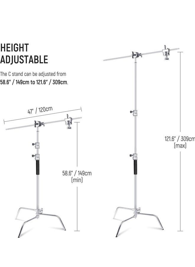 PADOM - Padom Boom Arm with Stand & Sliding Legs, Pro 100% Stainless Steel Stand Max Height 10.13ft/309cm with 3.9ft/120cm Arm & 2 Grip Heads for Photography Umbrellas, Reflectors, Softboxes and Monolights - Image 1