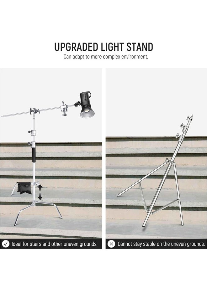 PADOM - Padom Boom Arm with Stand & Sliding Legs, Pro 100% Stainless Steel Stand Max Height 10.13ft/309cm with 3.9ft/120cm Arm & 2 Grip Heads for Photography Umbrellas, Reflectors, Softboxes and Monolights - Image 1