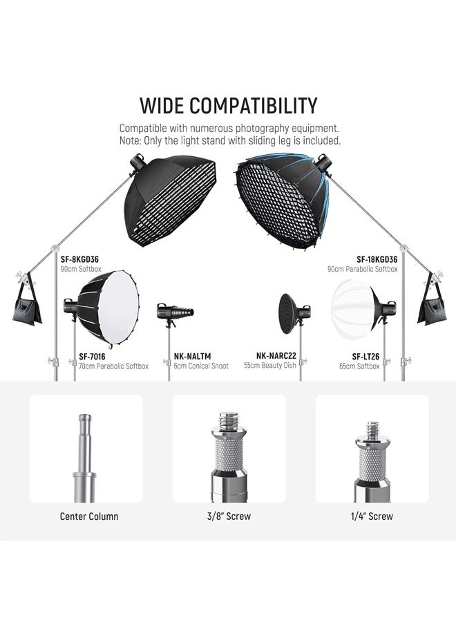 PADOM - Padom Boom Arm with Stand & Sliding Legs, Pro 100% Stainless Steel Stand Max Height 10.13ft/309cm with 3.9ft/120cm Arm & 2 Grip Heads for Photography Umbrellas, Reflectors, Softboxes and Monolights - Image 1