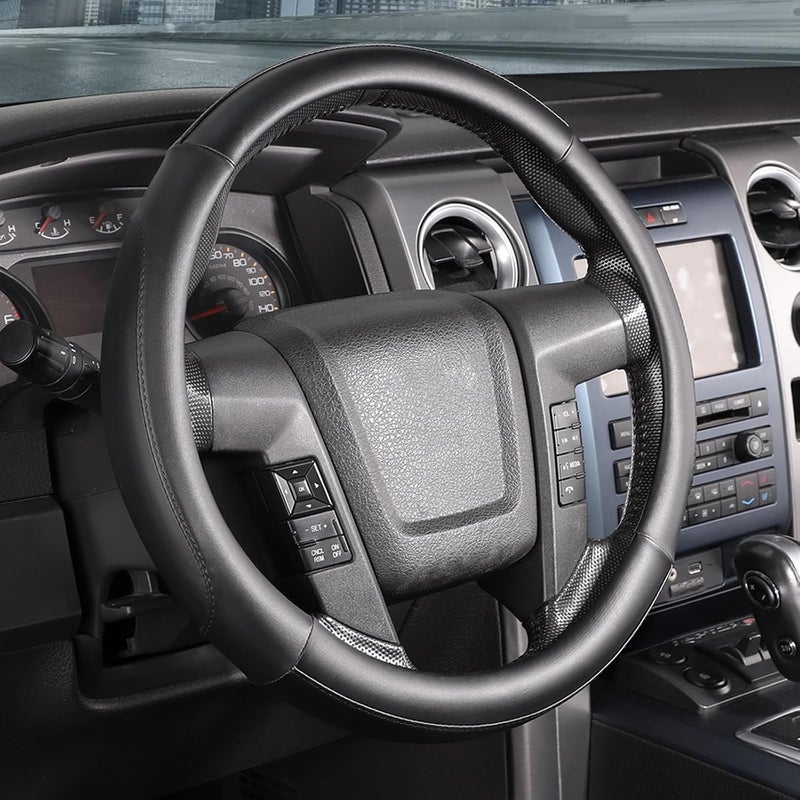 سيج دايركت غطاء عجلة القيادة من كبير الحجم لسيارات F150 وF250 وF350 ورام و4Runner وتاكوما وتندرا ورينج روفر وموديل S وX بقطر خارجي 15.5 - 16 بوصة، من الجلد الميكروفايبر الأسود - Image 1